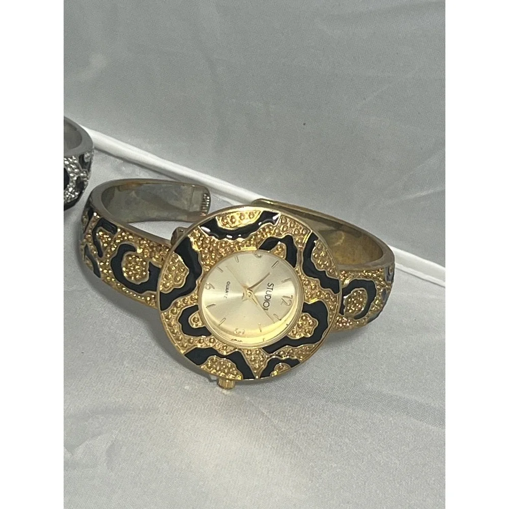 STUDIO Leopard Print Bangle Cuff Watch‎ Set Gold Tone Silver Tone Untested